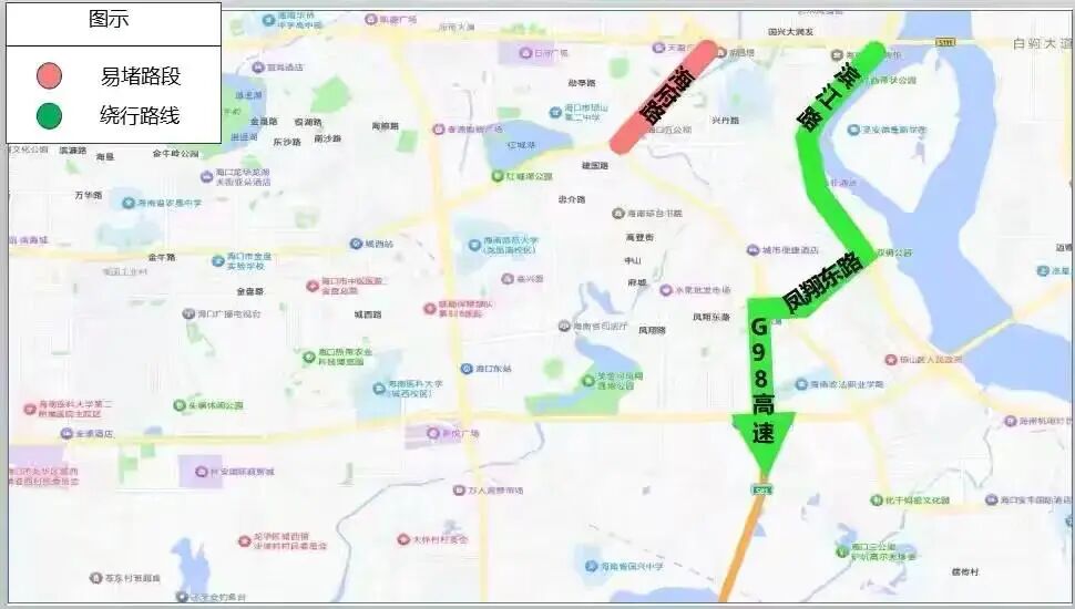 海口元旦假期交通出行提示_出行提示_元旦假期?？趽矶侣范?/></p>
<p>躲避海秀快速路的擁堵狀況，預(yù)計(jì)在12月31日下班之時(shí)，出城車流與之疊加，金墾匝道段以及永萬匝道段雙向擁堵情形嚴(yán)重。提議改道走濱海大道，或者選擇經(jīng)由海秀路、海盛路再到長(zhǎng)天路進(jìn)行分流 。</p>
<p><img src=